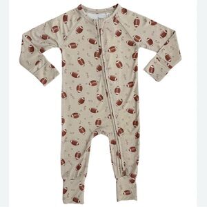 In My Jammers Zipper Romper Boys 6-9M Tan Footballs Bamboo Sleeper Pajamas PJs